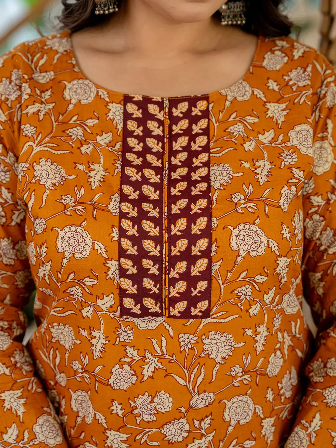 Yufta Piping On Yoke Floral Print Mustard Cotton Plus Size Kurta Set With Dupatta Set