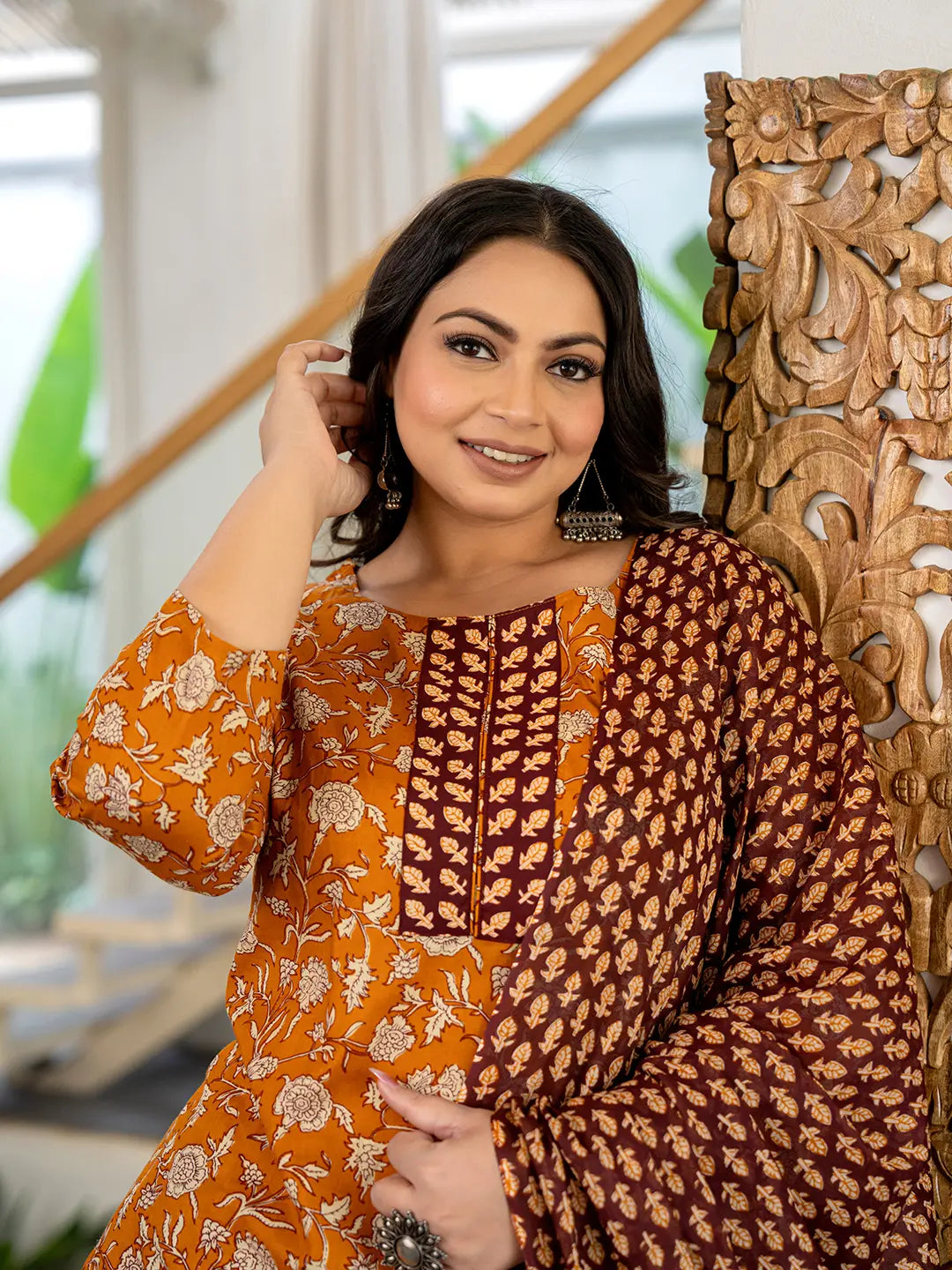 Yufta Piping On Yoke Floral Print Mustard Cotton Plus Size Kurta Set With Dupatta Set