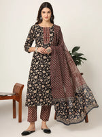 Thumbnail for Yufta Piping On Yoke Floral Print Black Cotton Kurta Set With Dupatta Set