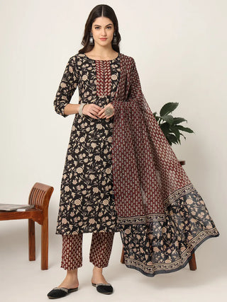 Yufta Piping On Yoke Floral Print Black Cotton Kurta Set With Dupatta Set - Distacart