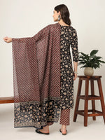 Thumbnail for Yufta Piping On Yoke Floral Print Black Cotton Kurta Set With Dupatta Set