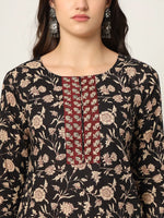 Thumbnail for Yufta Piping On Yoke Floral Print Black Cotton Kurta Set With Dupatta Set