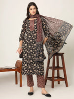 Thumbnail for Yufta Piping On Yoke Floral Print Black Cotton Kurta Set With Dupatta Set