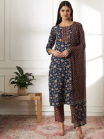 Thumbnail for Yufta Piping On Yoke Floral Print Blue Cotton Kurta Set With Dupatta Set