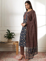 Thumbnail for Yufta Piping On Yoke Floral Print Blue Cotton Kurta Set With Dupatta Set