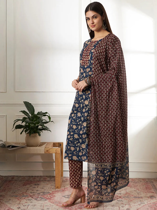 Yufta Piping On Yoke Floral Print Blue Cotton Kurta Set With Dupatta Set