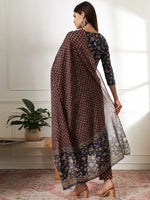 Thumbnail for Yufta Piping On Yoke Floral Print Blue Cotton Kurta Set With Dupatta Set