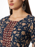Thumbnail for Yufta Piping On Yoke Floral Print Blue Cotton Kurta Set With Dupatta Set