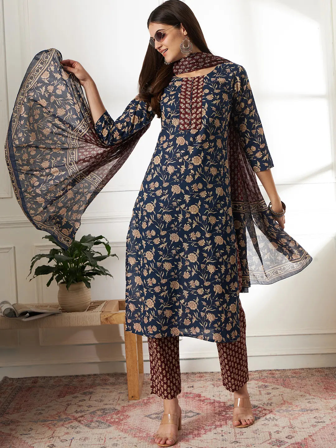Yufta Piping On Yoke Floral Print Blue Cotton Kurta Set With Dupatta Set