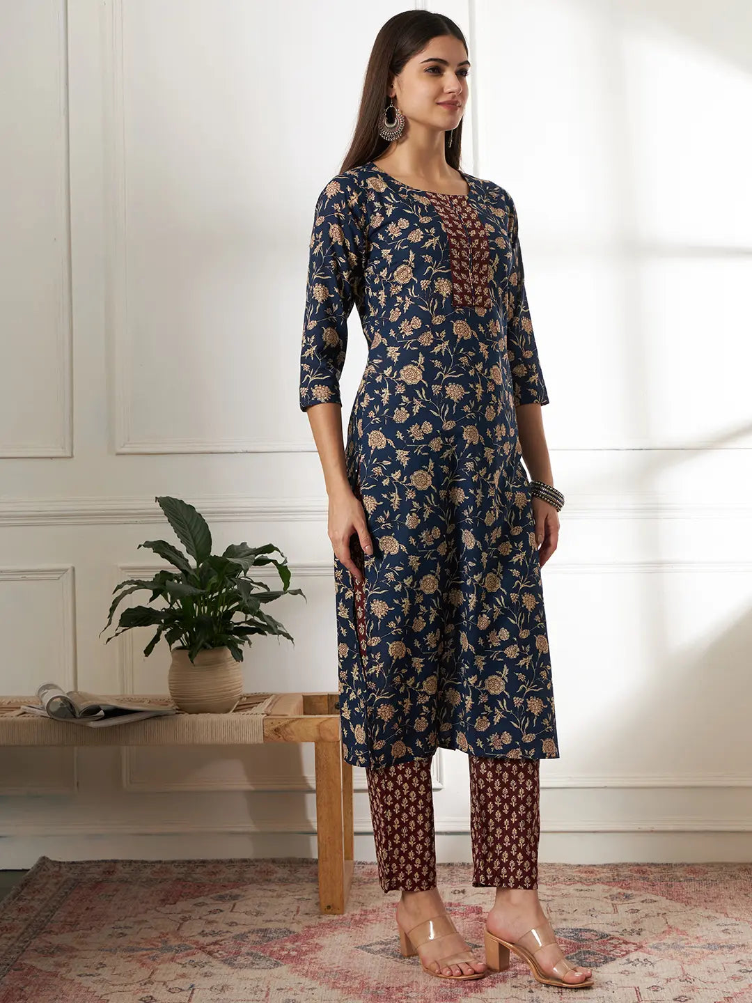 Yufta Piping On Yoke Floral Print Blue Cotton Kurta Set With Dupatta Set