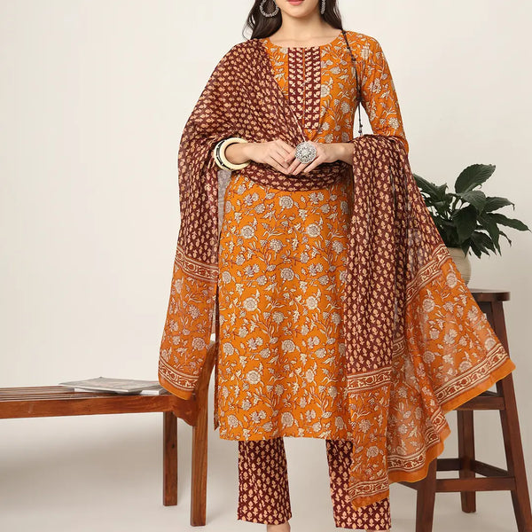 Yufta Piping On Yoke Floral Print Mustard Cotton Kurta Set With Dupatta Set - Distacart