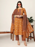 Thumbnail for Yufta Piping On Yoke Floral Print Mustard Cotton Kurta Set With Dupatta Set