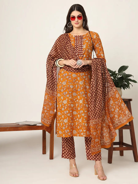 Yufta Piping On Yoke Floral Print Mustard Cotton Kurta Set With Dupatta Set
