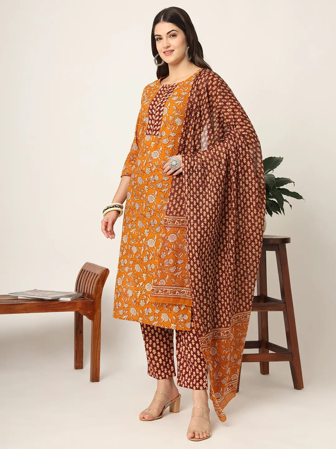 Yufta Piping On Yoke Floral Print Mustard Cotton Kurta Set With Dupatta Set - Distacart