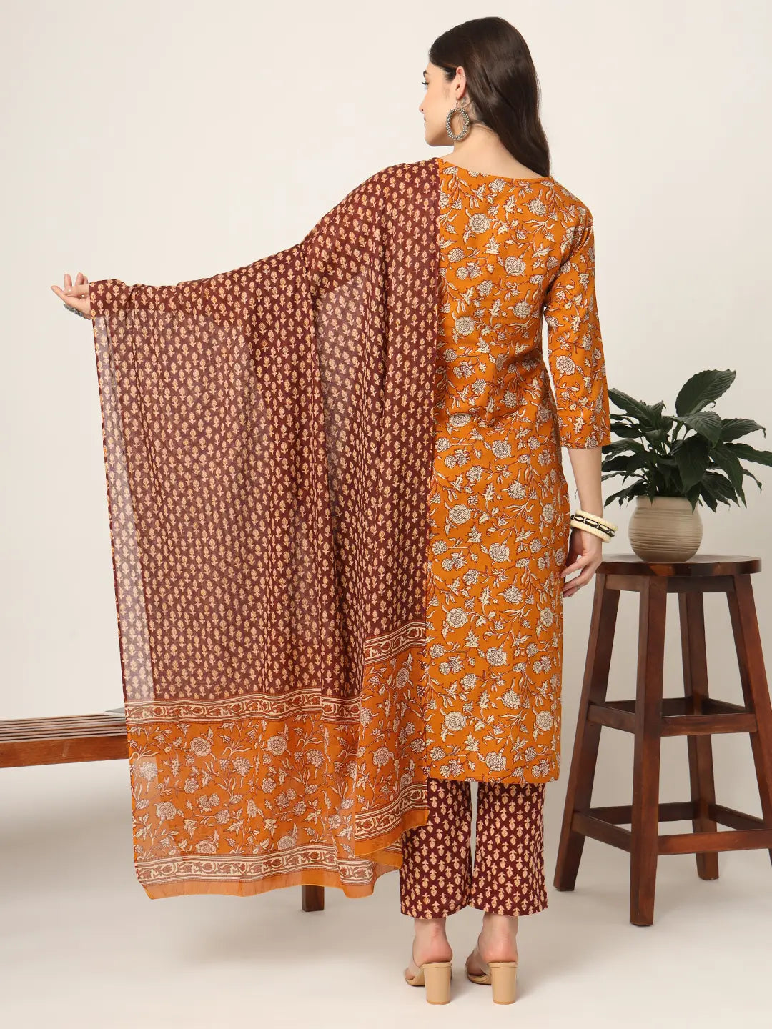 Yufta Piping On Yoke Floral Print Mustard Cotton Kurta Set With Dupatta Set