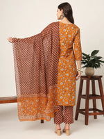 Thumbnail for Yufta Piping On Yoke Floral Print Mustard Cotton Kurta Set With Dupatta Set