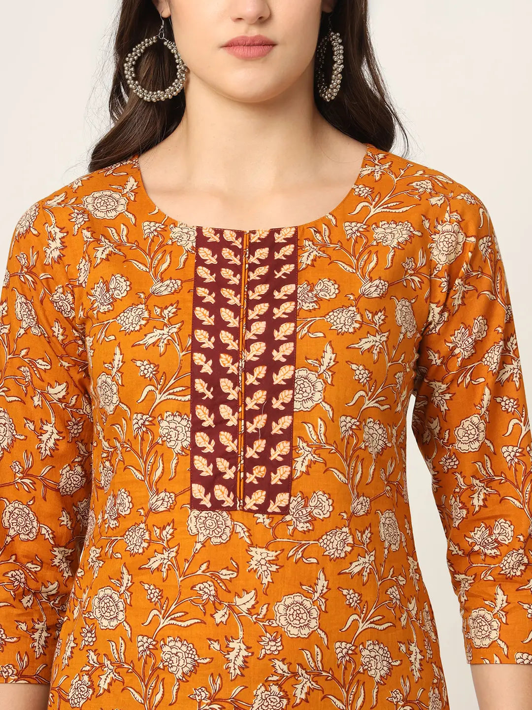 Yufta Piping On Yoke Floral Print Mustard Cotton Kurta Set With Dupatta Set