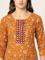 Thumbnail for Yufta Piping On Yoke Floral Print Mustard Cotton Kurta Set With Dupatta Set