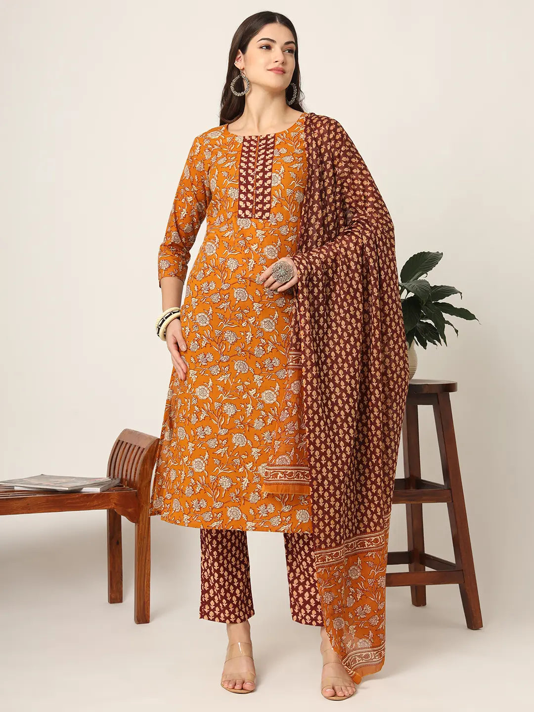 Yufta Piping On Yoke Floral Print Mustard Cotton Kurta Set With Dupatta Set