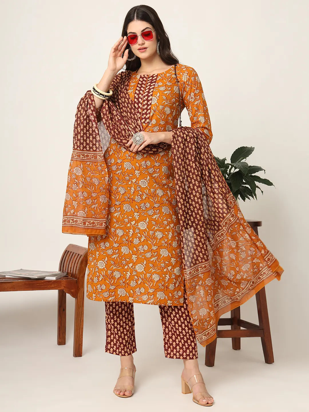 Yufta Piping On Yoke Floral Print Mustard Cotton Kurta Set With Dupatta Set