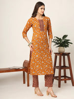 Thumbnail for Yufta Piping On Yoke Floral Print Mustard Cotton Kurta Set With Dupatta Set