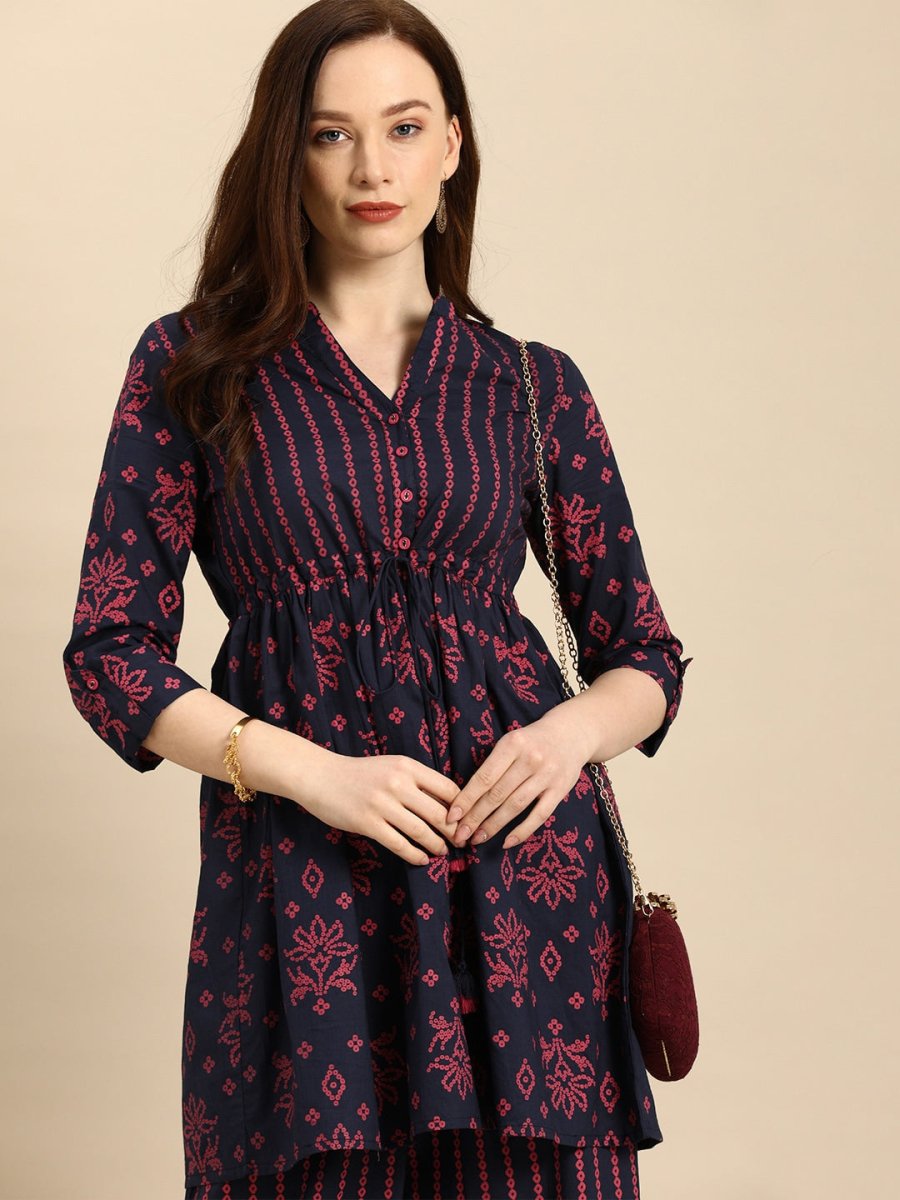 All About You Women Blue & Pink Bandhani Printed Pleated Kurti with Palazzos - Distacart