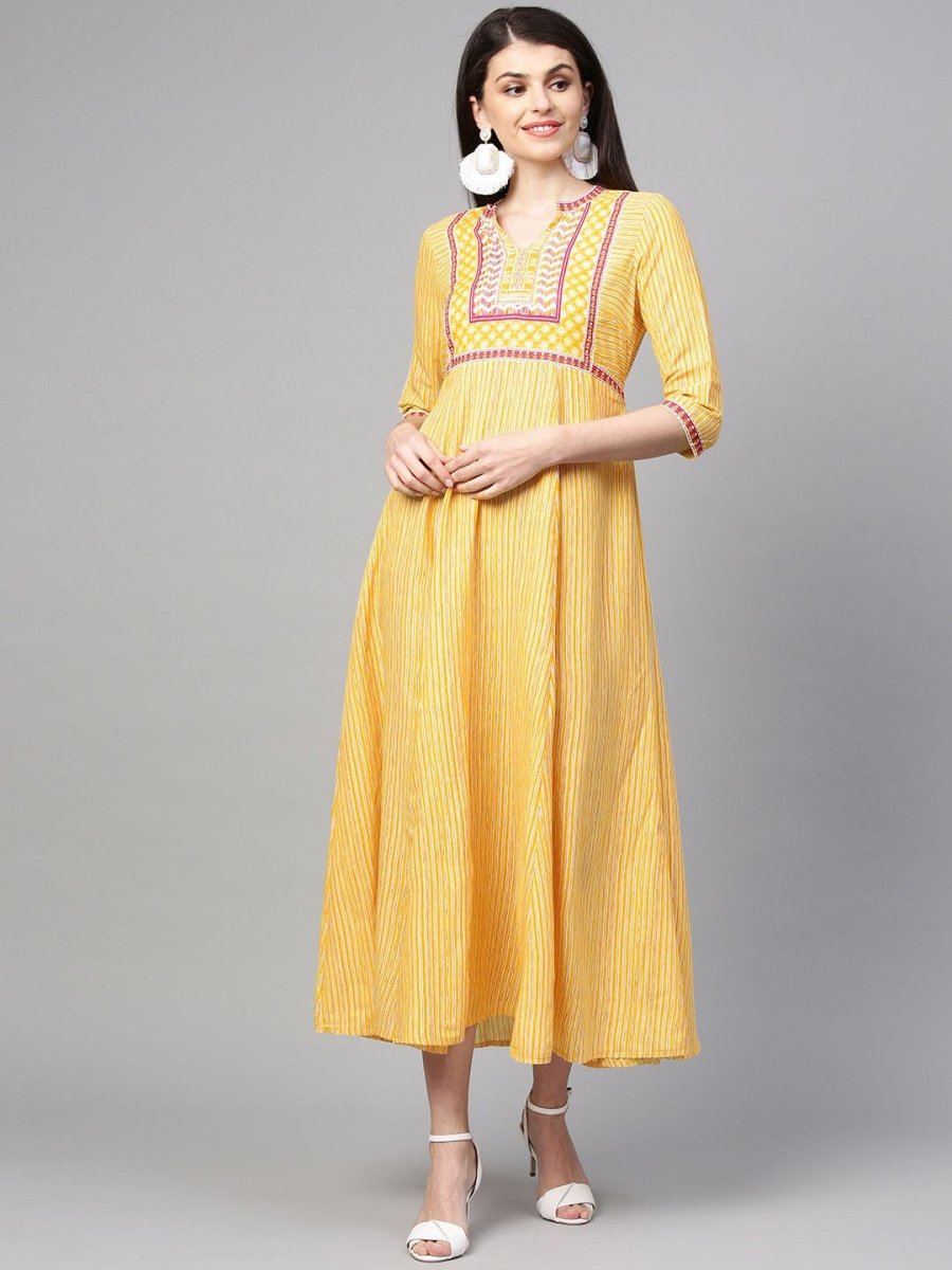 AURELIA Women Yellow & Magenta Striped Maxi Dress - Distacart