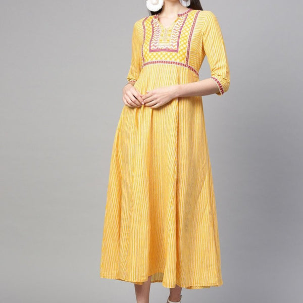 AURELIA Women Yellow & Magenta Striped Maxi Dress - Distacart