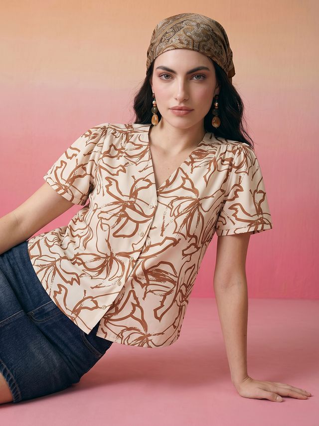 Janasya Beige Shirt Crepe Top - Dista