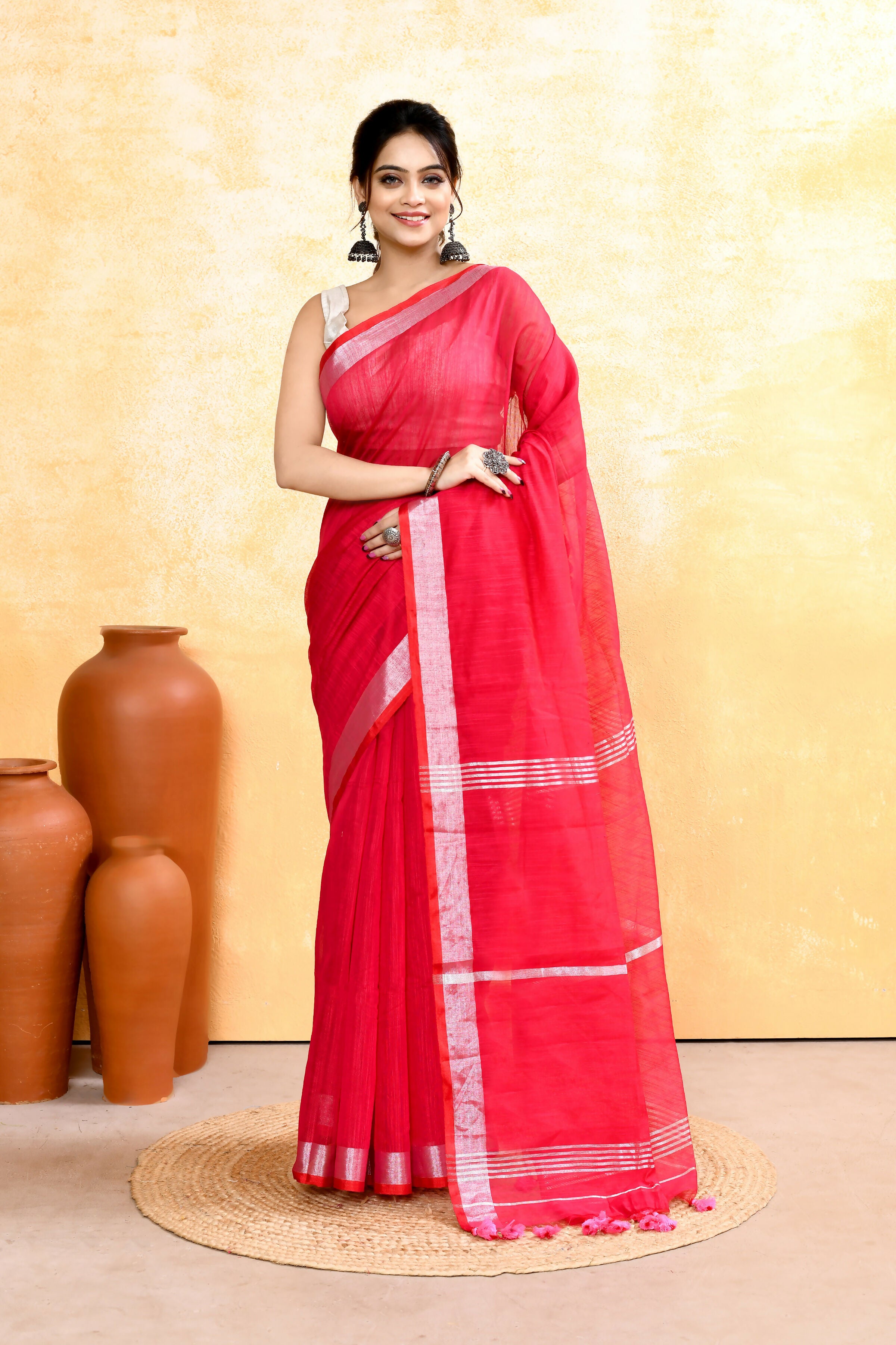Piyari Fashion Women's Rani Pink Embellished Cotton Blend Zari Border Handloom Saree - Distacart