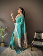 Thumbnail for Joban Fashion Teal Green Jacquard Butti Soft Lichi Silk Paithani Saree - Distacart