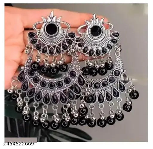 Tehzeeb Creations Women's Oxidised Earrings With Mirror And Black Pearl - Distacart