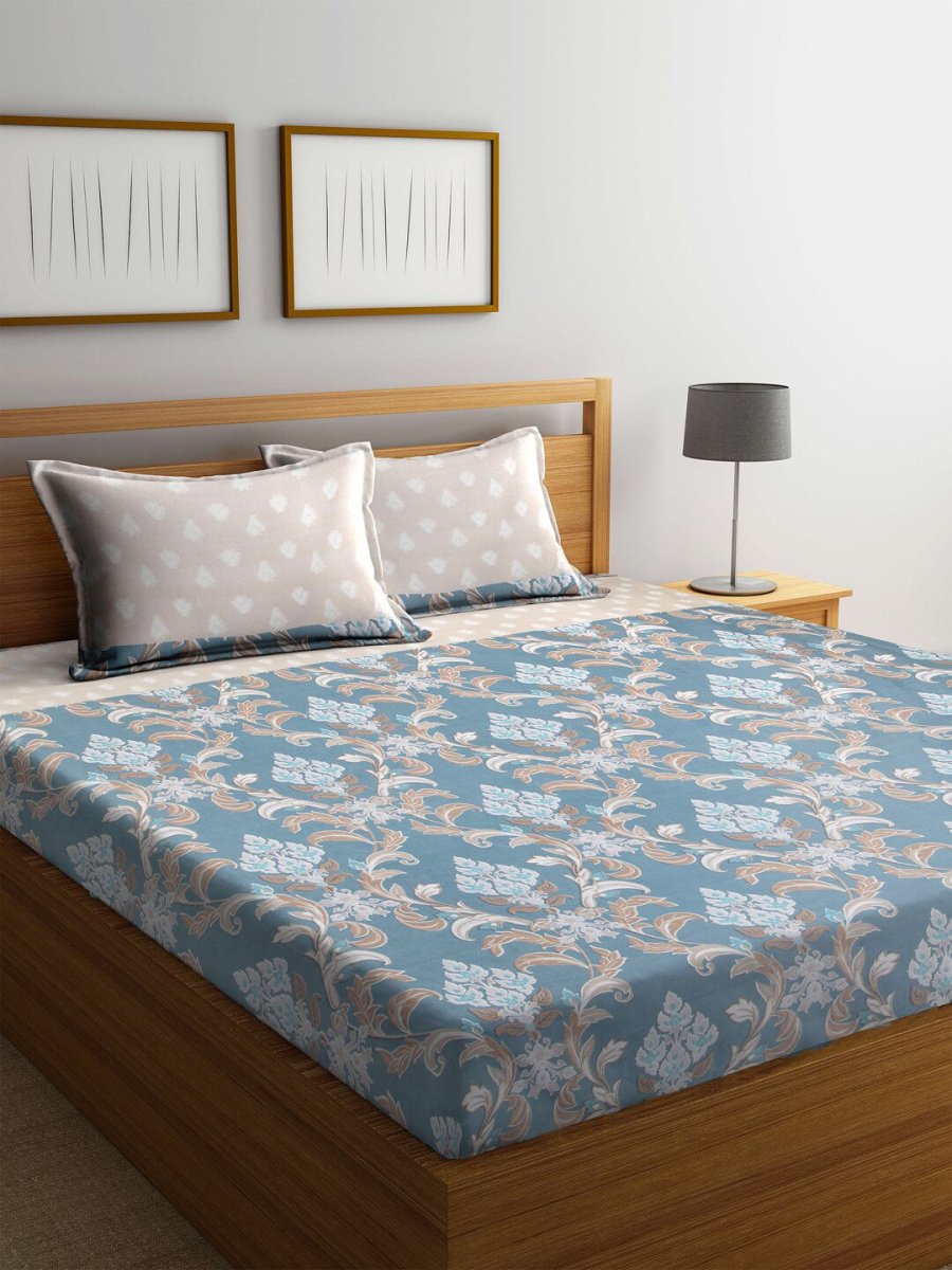 Arrabi Beige & Blue Floral 300 TC Super King Bedsheet With 2 Pillow Covers - Distacart