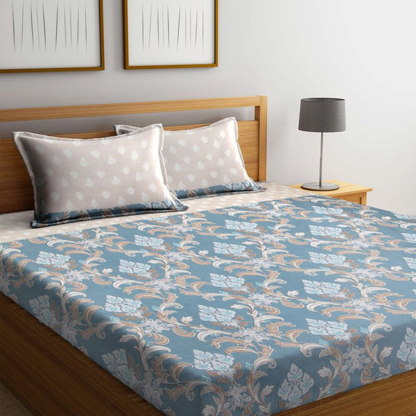 Arrabi Beige & Blue Floral 300 TC Super King Bedsheet With 2 Pillow Covers - Distacart