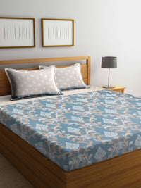 Thumbnail for Arrabi Beige & Blue Floral 300 TC Super King Bedsheet With 2 Pillow Covers - Distacart