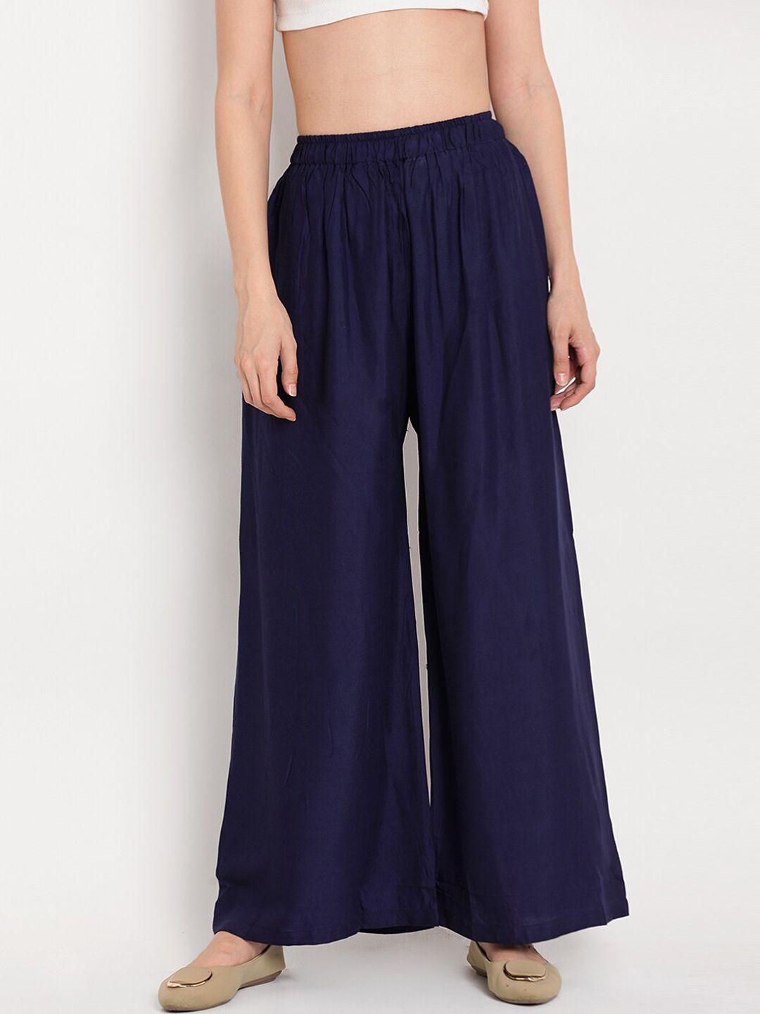 TAG 7 Women Navy Blue Solid Flared Palazzos - Distacart