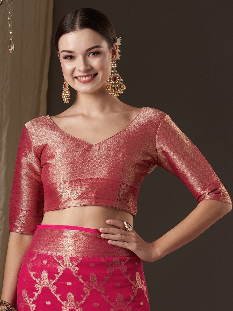 Anouk Pink & Gold-Toned Woven Design Zari Pure Georgette Kanjeevaram Saree - Distacart