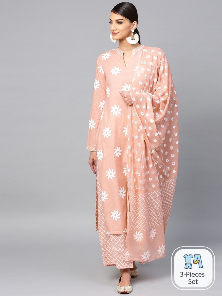 Aks Floral Printed Pure Cotton Straight Kurta With Palazzos & Dupatta - Distacart