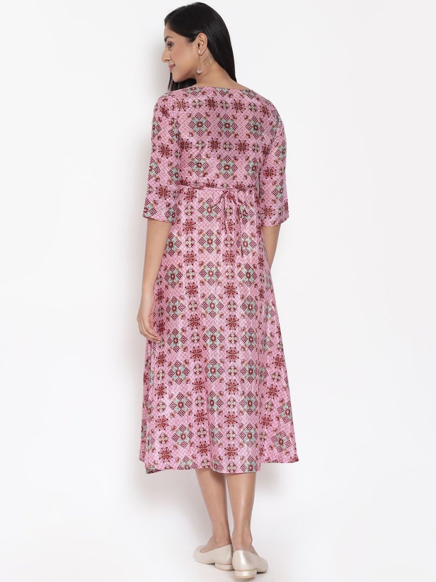 AURELIA Pink Floral Ethnic A-Line Midi Dress