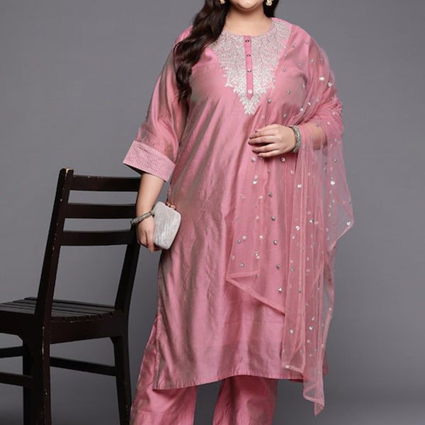 Sztori Plus Size Floral Embroidered Regular Chanderi Silk Kurta & Trousers With Dupatta - Distacart