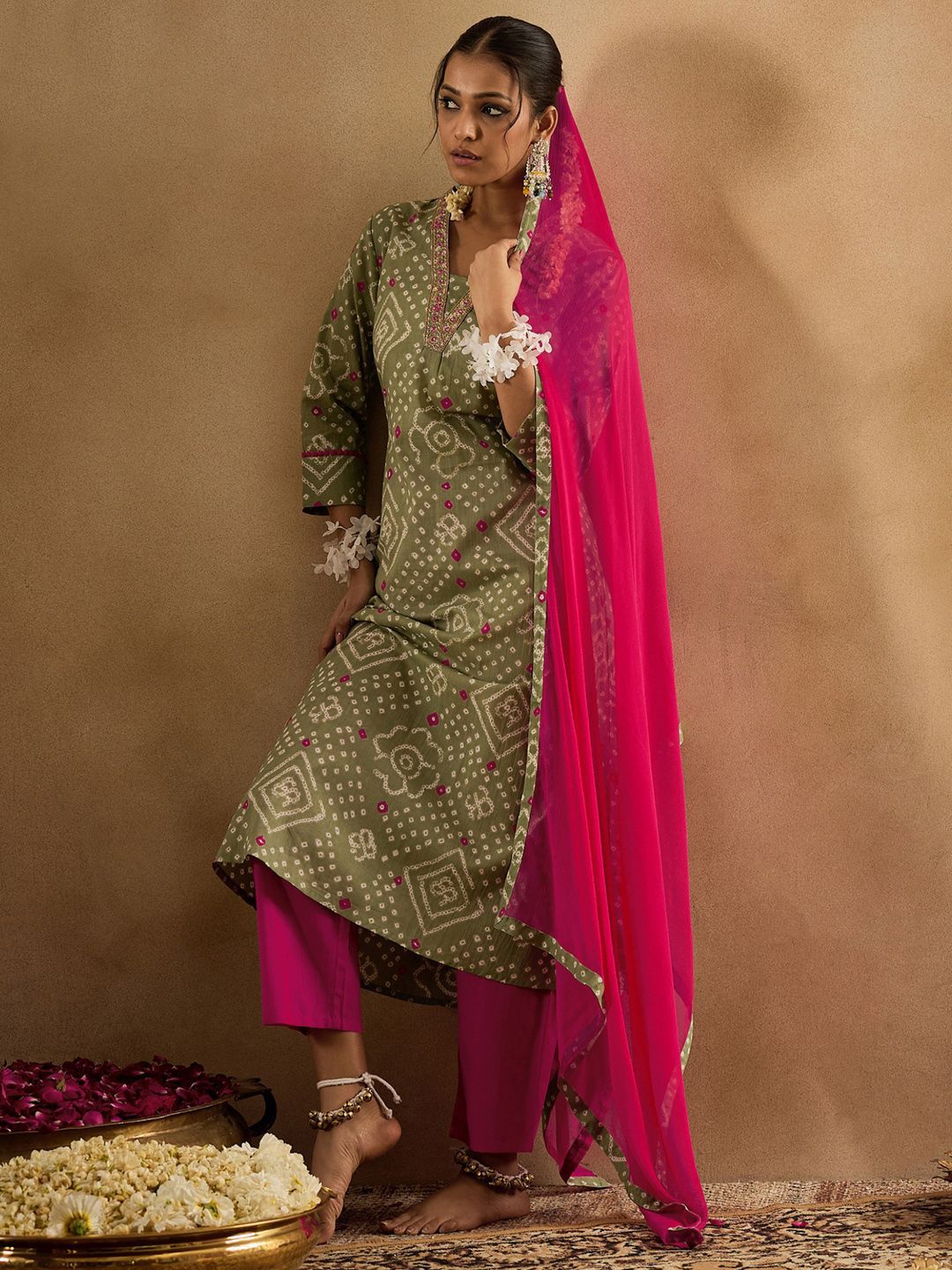 Indo Era Bandhani Printed Pure Cotton Kurta With Trousers & Dupatta