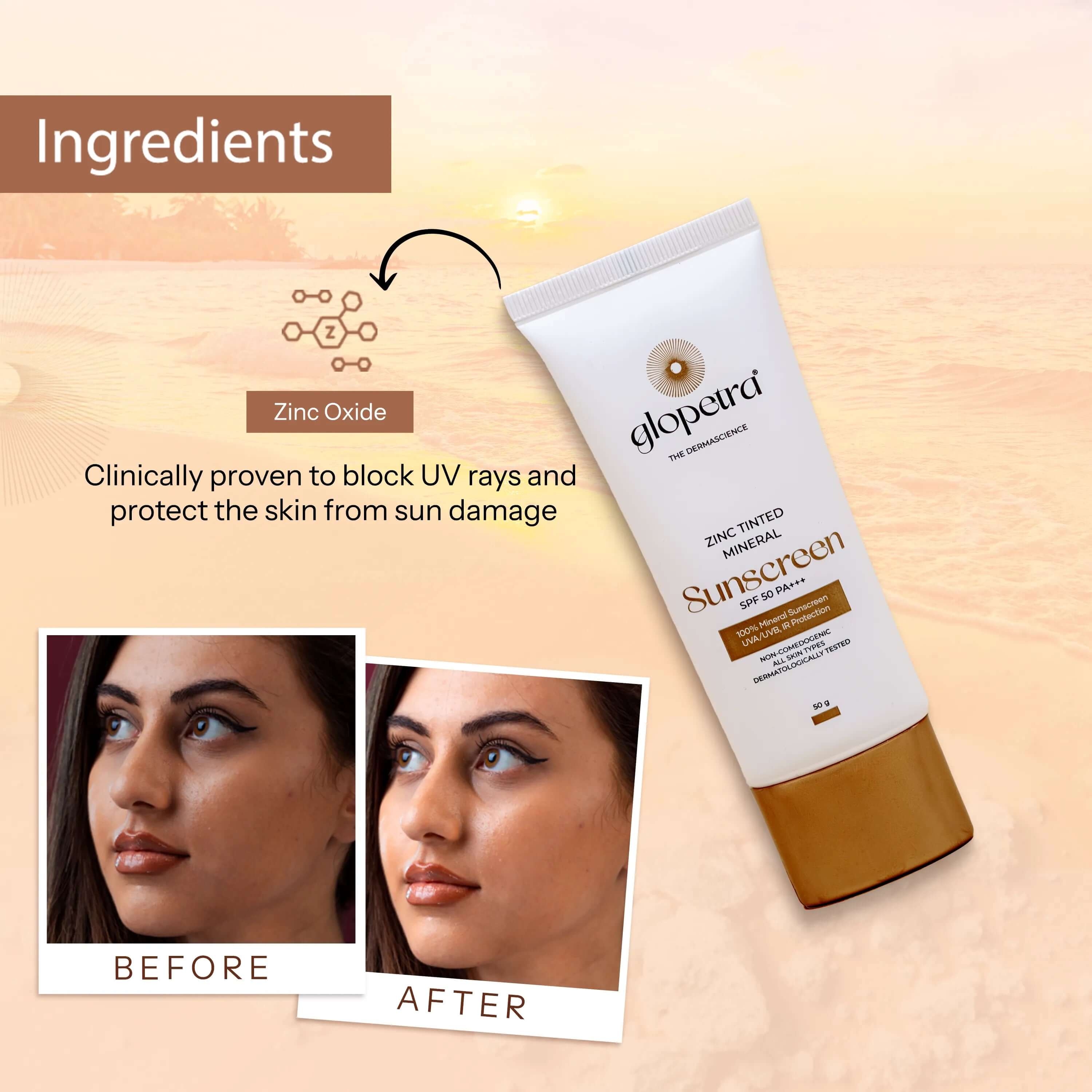 Glopetra Zinc Tinted Mineral Sunscreen Spf 50 Pa+++ - Dista