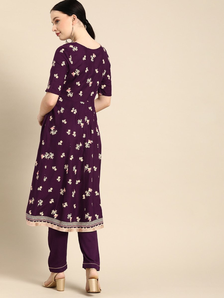 All About You Women Purple Floral Print Regular Kurta with Trousers - Distacart