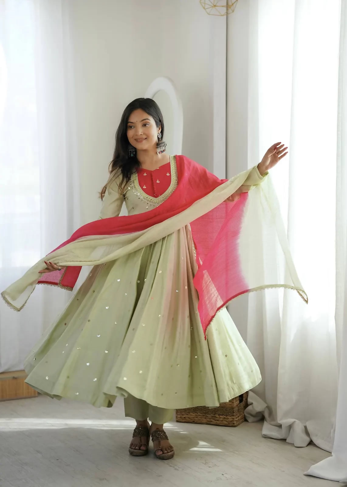 Teeya Creation Premium Pista Heavy Neck Embroidery Anarkali Suit Set with Dupatta & Pant