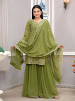 Thumbnail for Teeya Creation Mehendi Green Faux Georgette Embroidery Work Sharara Set - Distacart