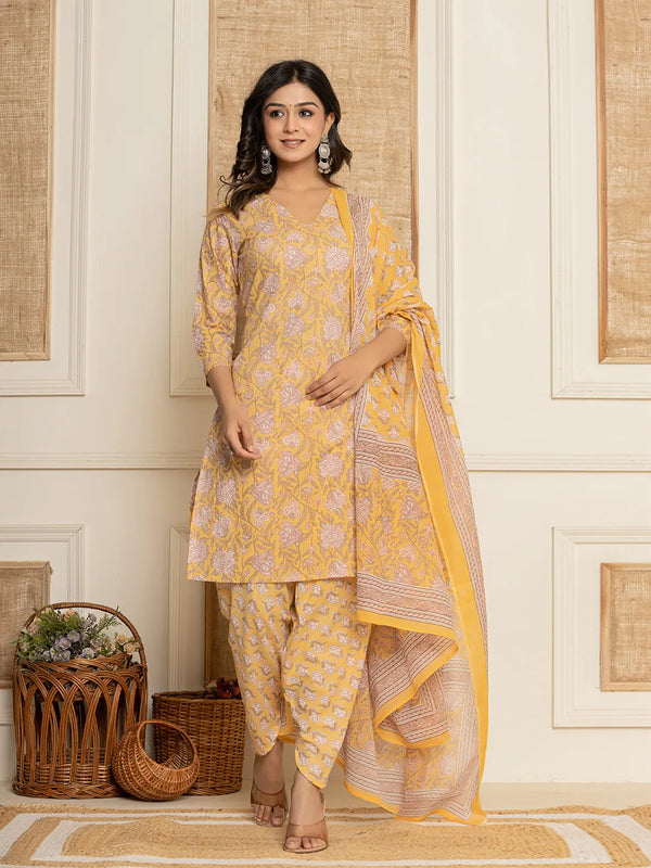 Yufta Yellow Floral Print Cotton Straight Style Kurta And Dhoti Pants With Dupatta Set