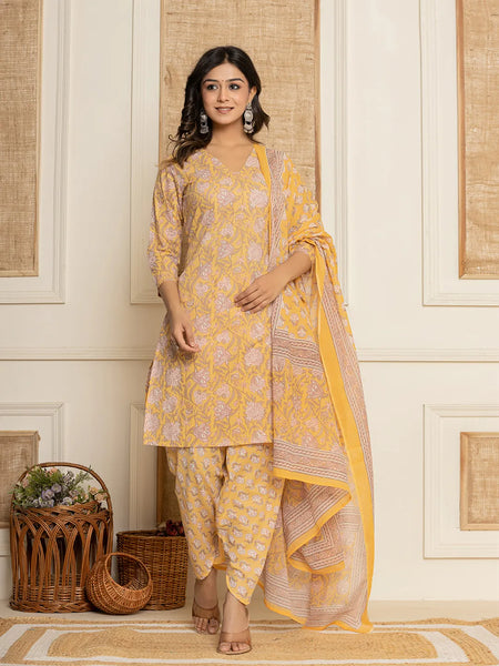 Yufta Yellow Floral Print Cotton Straight Style Kurta And Dhoti Pants With Dupatta Set