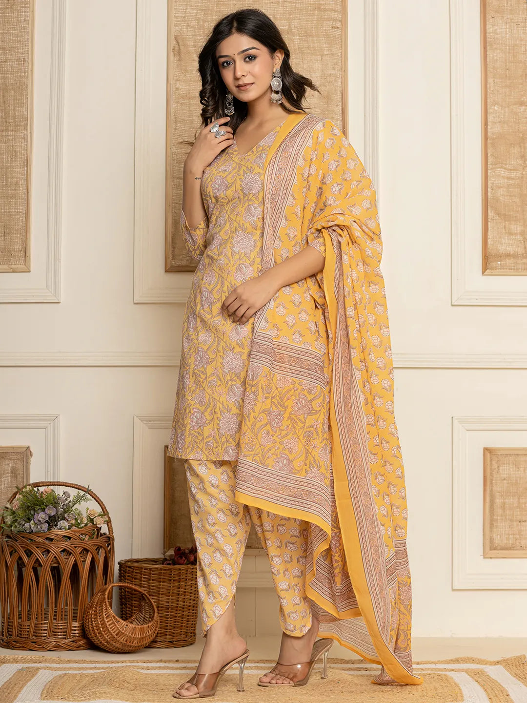 Yufta Yellow Floral Print Cotton Straight Style Kurta And Dhoti Pants With Dupatta Set - Distacart