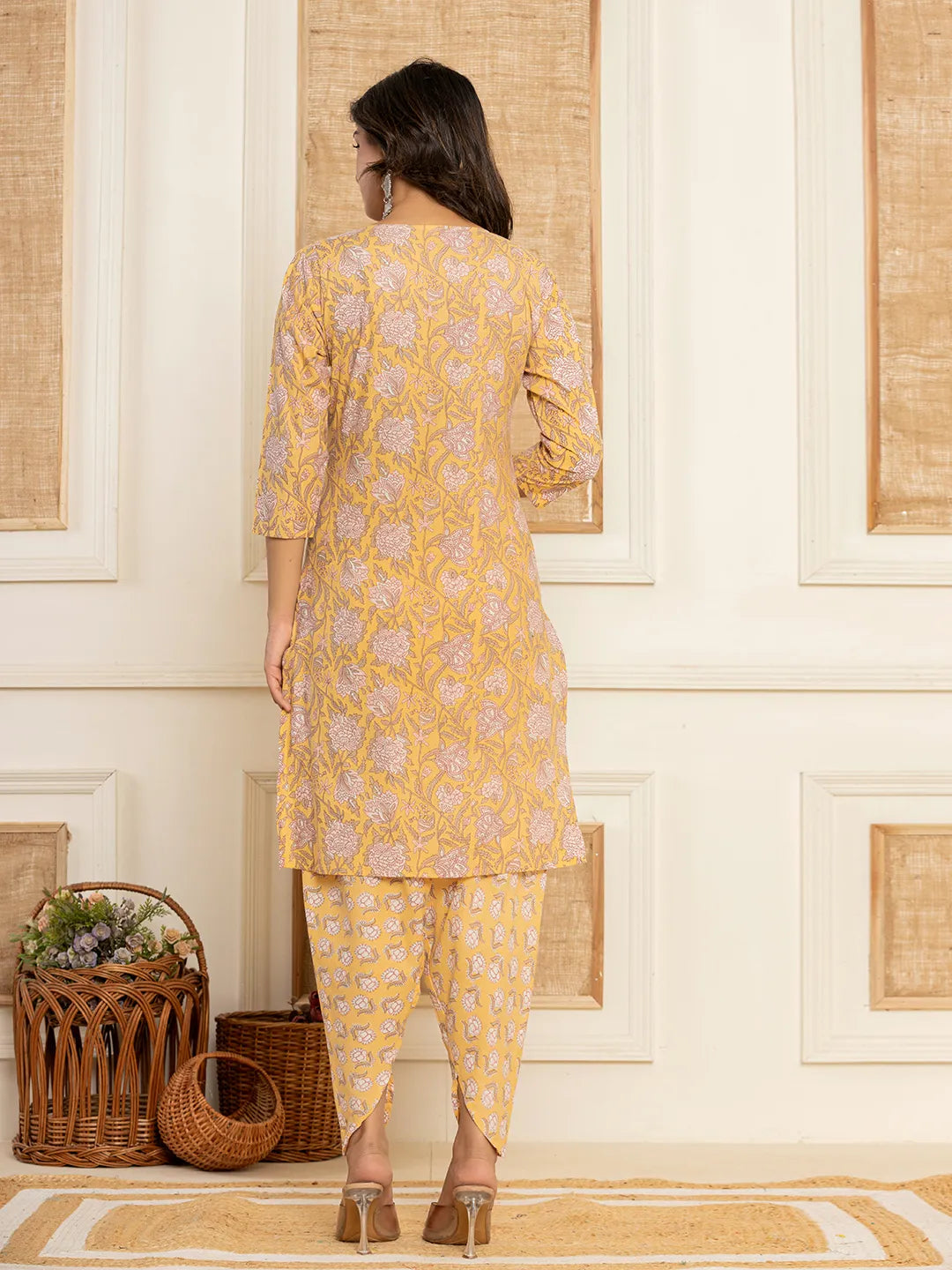 Yufta Yellow Floral Print Cotton Straight Style Kurta And Dhoti Pants With Dupatta Set