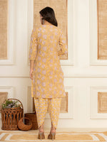 Thumbnail for Yufta Yellow Floral Print Cotton Straight Style Kurta And Dhoti Pants With Dupatta Set